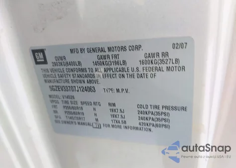 2007 Saturn Outlook Xr z USA, uszkodzony, nr VIN 5GZEV33707J124063